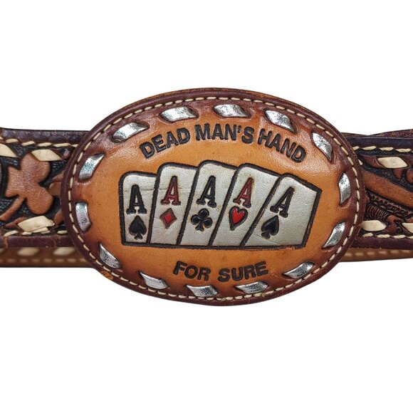 Vintage Western Leather Belt Size Small Dead Mans Hand Buckle & "Barbie" Engravi - Picture 3 of 12